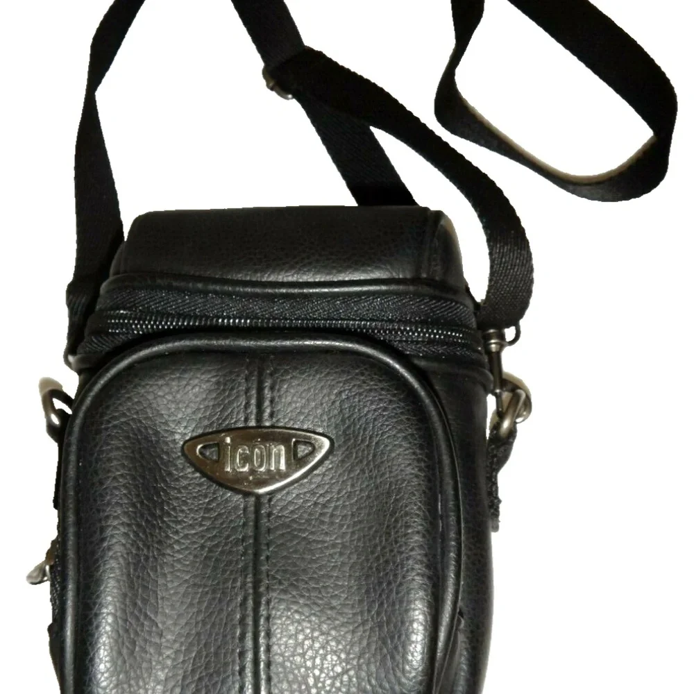Icon Black Leather Camera Bag Crossbody Case Belt Bag Strap